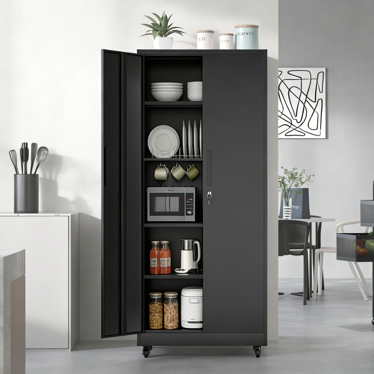 Storage Cabinet With Wheels And Lock, 4 Adjustable Shelves, 3 Point Locking Security, For Tool Organization In Garage - Black