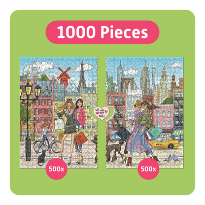 TEAMPUZZLE FOR TWO: Paris x New York – 1,000-Piece Couple's Jigsaw Puzzle – Includes Scan & Explore – Ages 12+