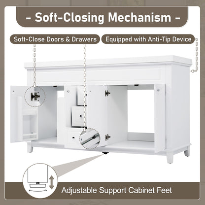 Bathroom Vanity Cabinet Only, 3 Drawers & 4 Doors With Double Layer Shelves - White