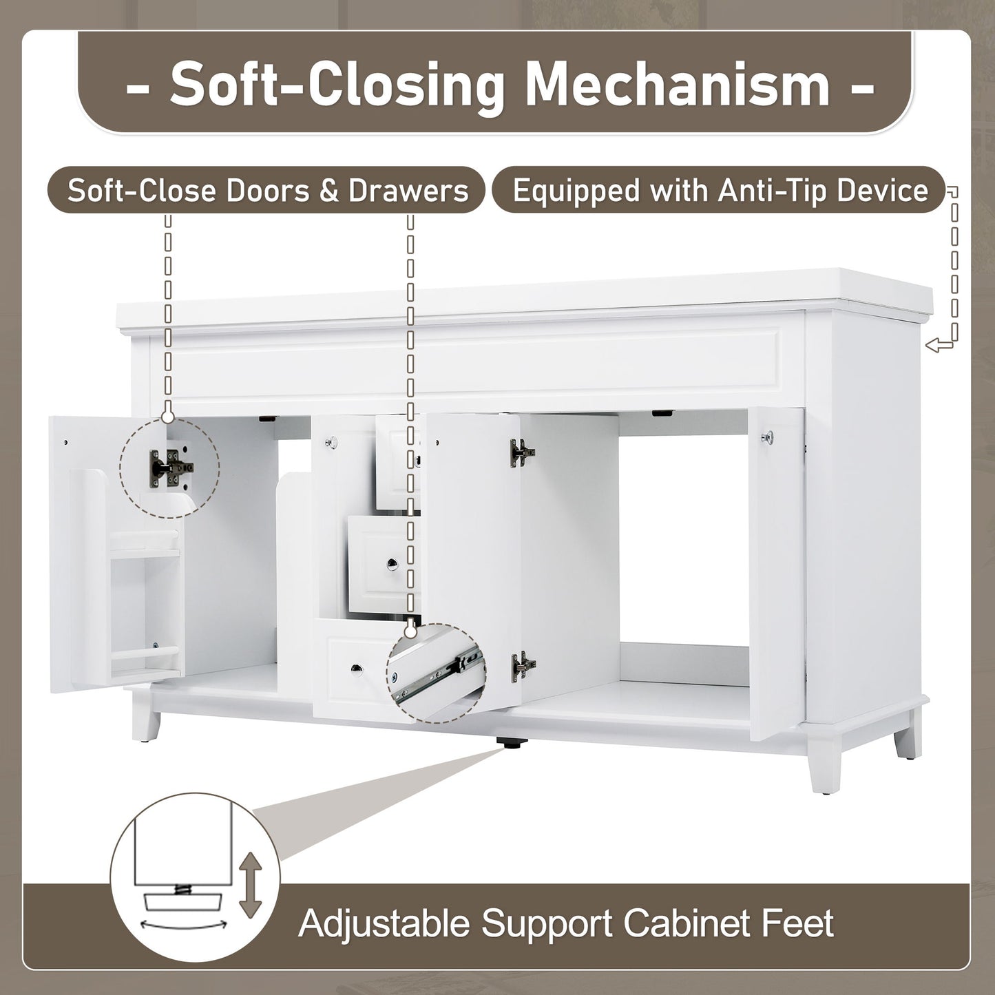 Bathroom Vanity Cabinet Only, 3 Drawers & 4 Doors & Double Layer Shelves - White