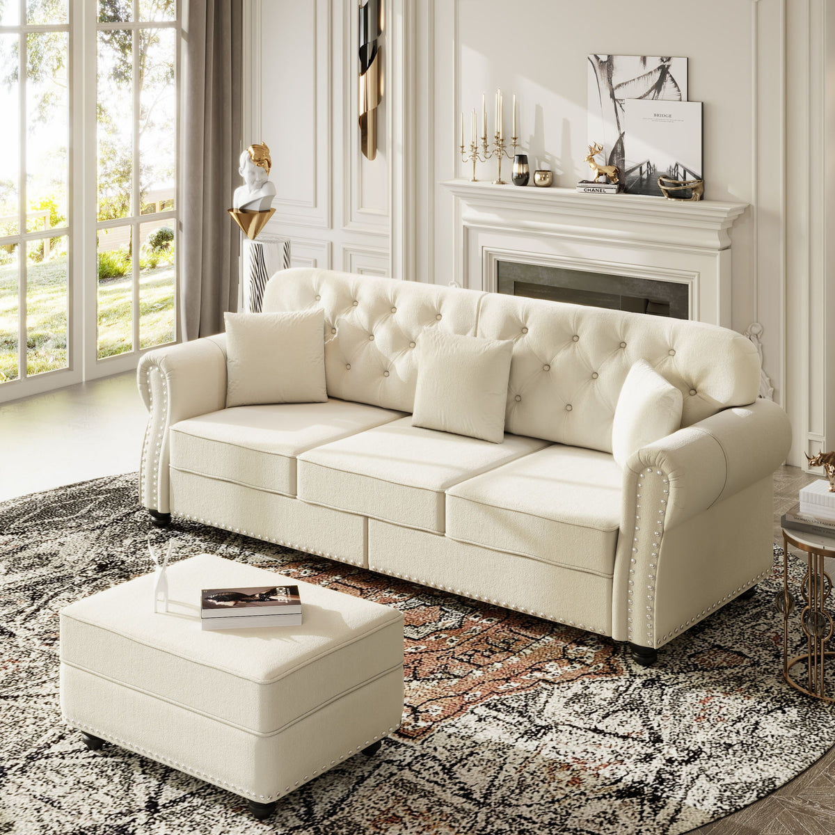Upholstered 3 Seater Sofa Set With Ottoman