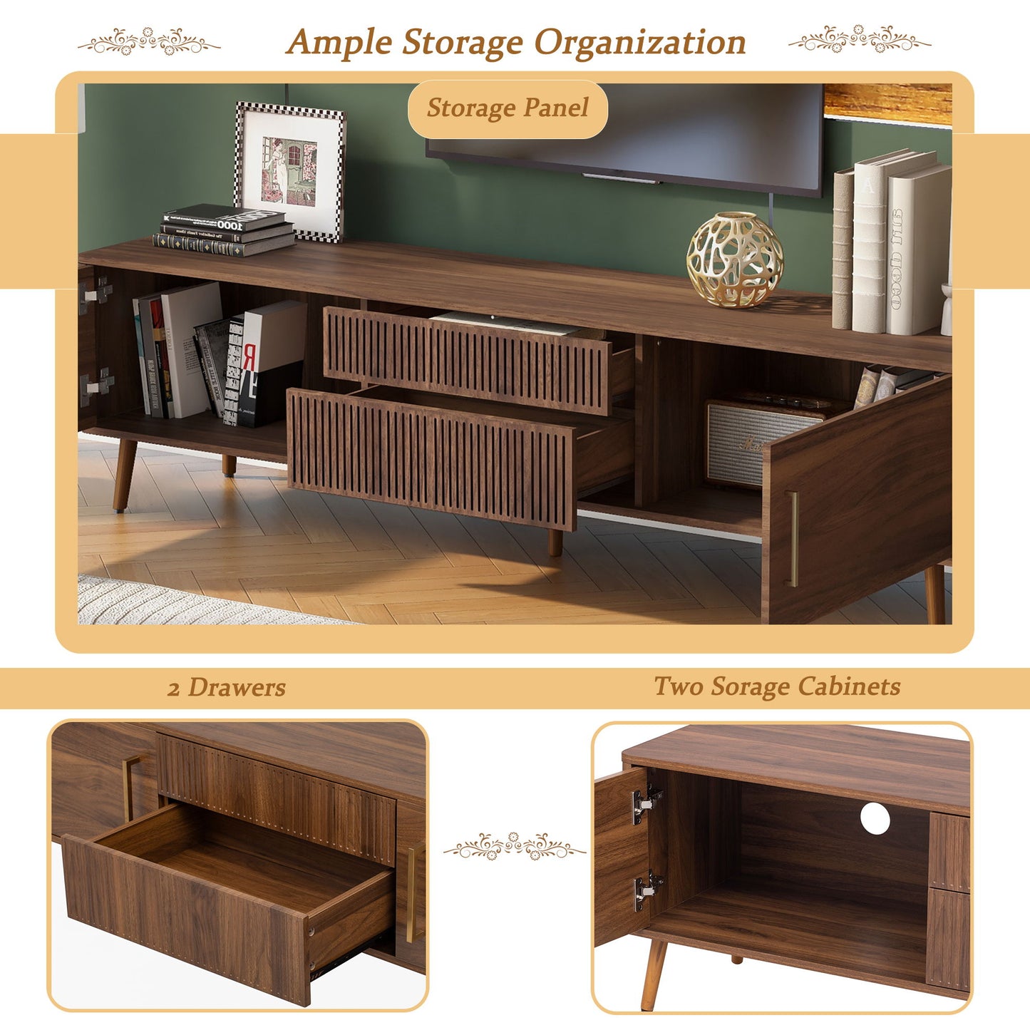 TV Stand With 2 Drawers, Media Console Table For TVs Up To 80'' For Living Room - Walnut