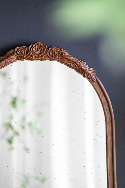 Hand Carved Rose Antique Mirror Frame, Wood Arch Mirror Wall Decor For Living Room