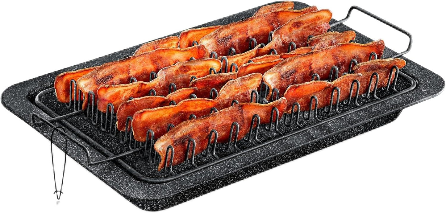 Bacon Tray - 2-Piece Set – Marble Coating - Durable, Non-Stick Cooking Tray for Bacon – Black Stone Tray and Carbon Steel Rack