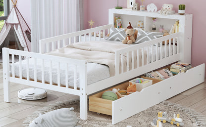 Bed With Headboard Storage Rack, 2 Under Bed Drawers, 3 Side Guardrails For Safety