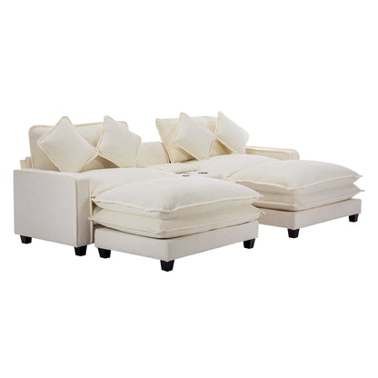 Sectional Sofa Upholstered Sofa With Two Removable Ottoman, Two USB Ports, Two Cup Holders And Large Storage Box For Living Room