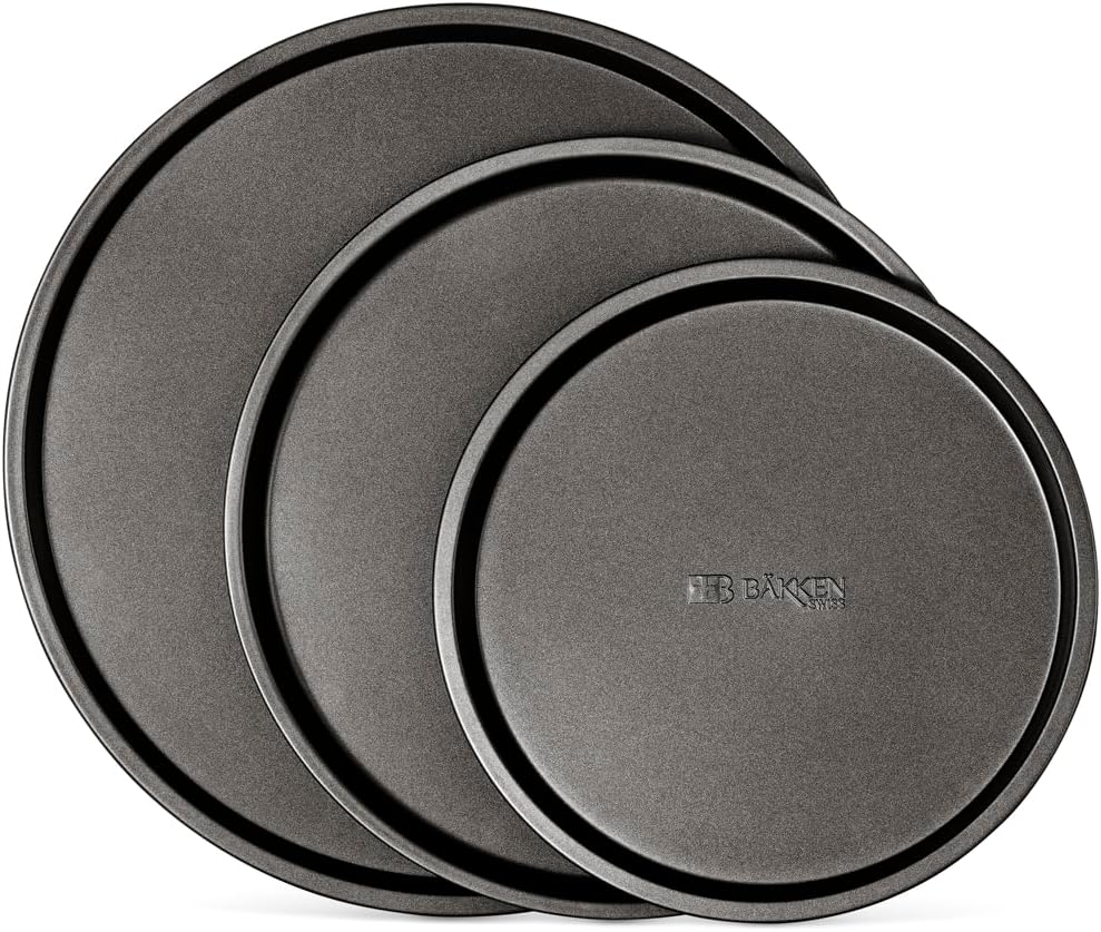 Bakken Swiss Pizza Tray Set 3-Piece – Gray Coating, Non-Stick, Round Steel Pizza Pans - Dishwasher Safe, Premium Bakeware for Home Cooking