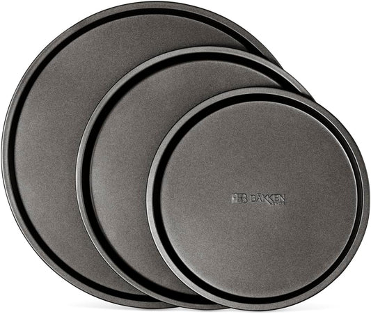 Bakken Swiss Pizza Tray Set 3-Piece – Gray Coating, Non-Stick, Round Steel Pizza Pans - Dishwasher Safe, Premium Bakeware for Home Cooking