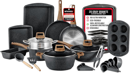 Bakken-Swiss 20-Piece Kitchen Cookware Set – Granite Non-Stick – Eco-Friendly – for All Stoves & Oven-Safe