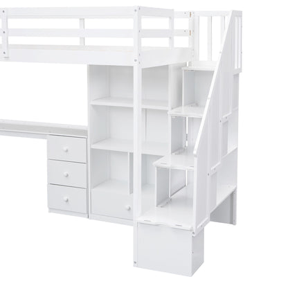 Loft Bed With L Shaped Desk, Drawers, Cabinet, And Storage Staircase
