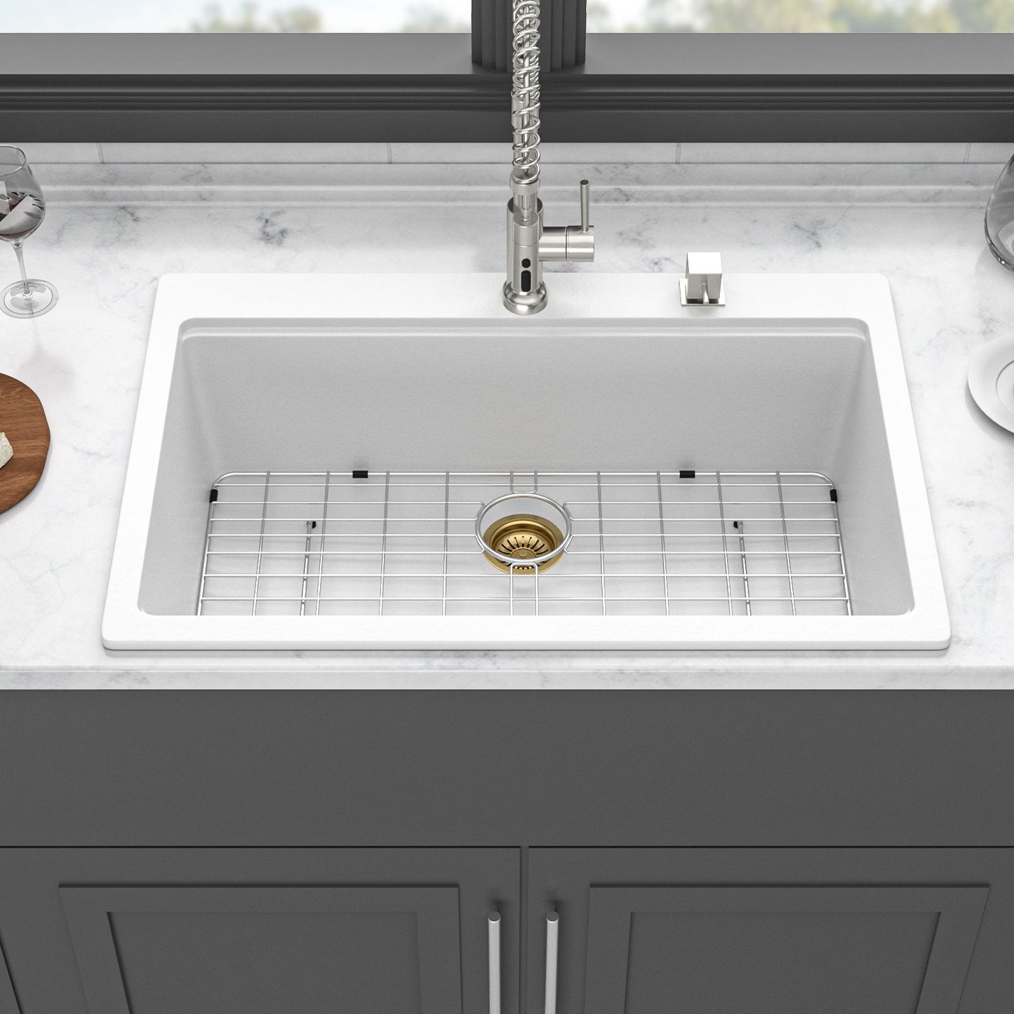 Granite Composite Quartz Kitchen Sink With Workstation Features And Drop In Design