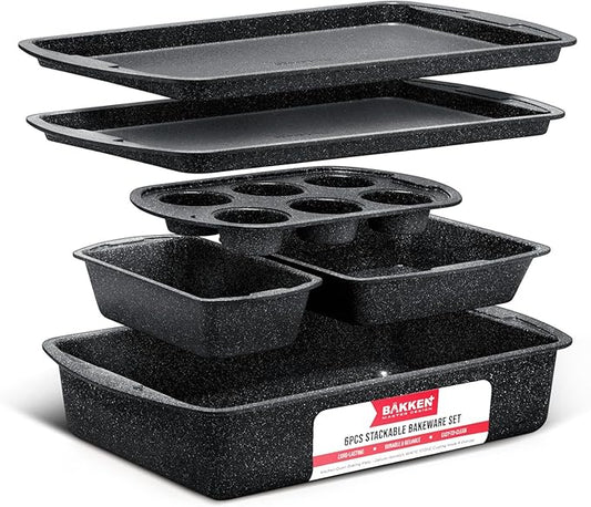 Bakken Swiss - Bakeware Set – 6 Piece – Stackable, Deluxe, Non-Stick Baking Pans for Professional and Home Cooking – Carbon Steel, Gray Stone Coating