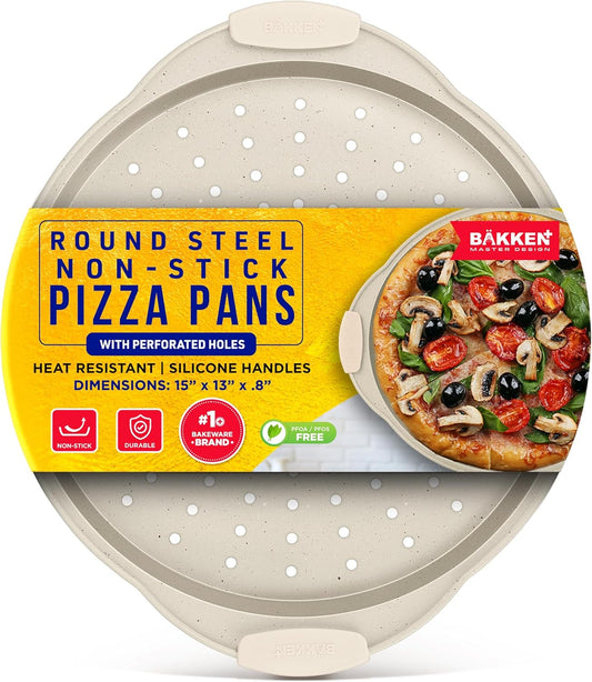 Bakken Pizza Baking Pan - Round Perforated Carbon Steel Pan with Non-Stick Marble Coating, Oversized Silicone Handle, Dishwasher Safe, High-Temperature Resistant, Durable, and Easy Cleanup White
