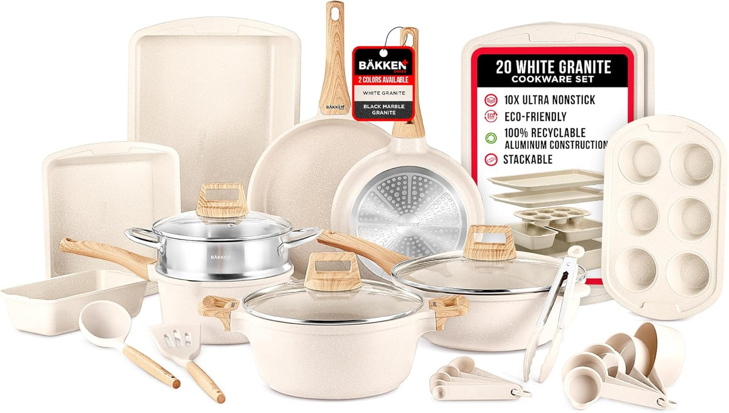 Bakken-Swiss 20-Piece Kitchen Cookware Set – Granite Non-Stick – Eco-Friendly – for All Stoves & Oven-Safe - Marble coating