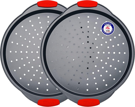 Pizza Tray – 2 Round with Silicone Handles – Carbon Steel Pizza Pan with Holes and Non-Stick Coating – PFOA PFOS and PTFE Free by Bakken