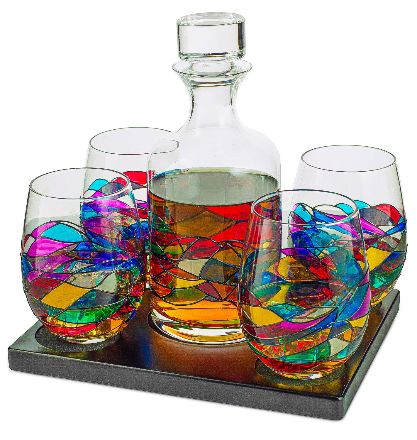 Artisanal Hand Painted Glassware Gift for Mom, Wife, Friend - Artisanal Barcelona Hand Painted Whiskey & Wine Decanter Set, Rennesance Romantic Stain-glassed Windows Glasses - Mothers Day