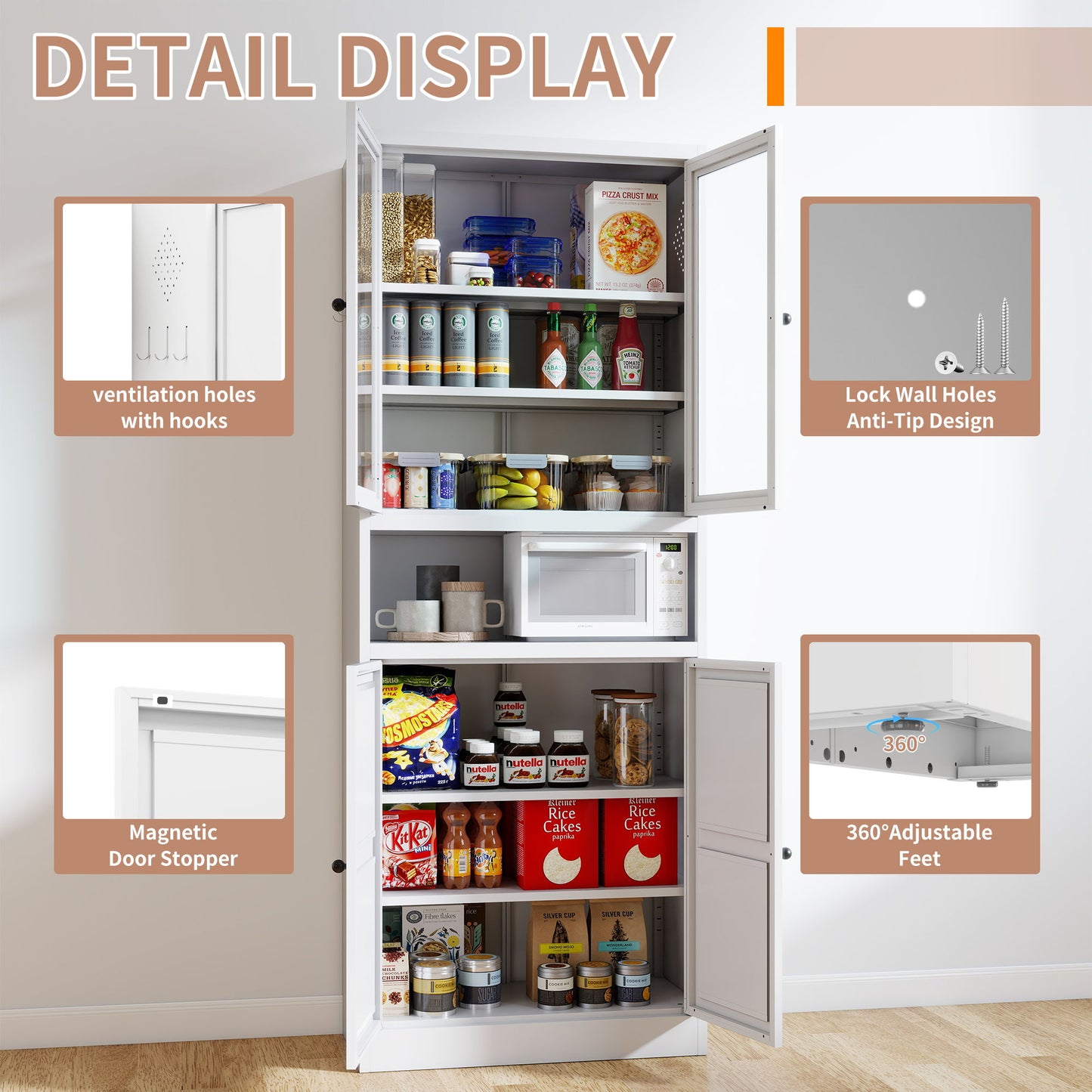 Metal Kitchen Pantry Cabinet Tall Storage With Adjustable Shelves, Heavy Duty Stainless Steel Frame - White