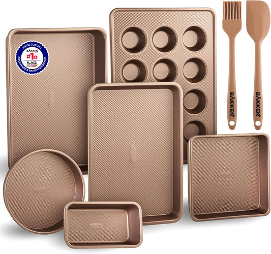 Bakeware Set – 8 Piece – Non-Stick Professional Home Bakeware – Multi Sized Baking Pan Set - Muffin Pan, Loaf Pan and More – Gold