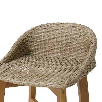 Beeson - Outdoor Wicker And Acacia Wood Barstools Set, Water Resistant - Brown