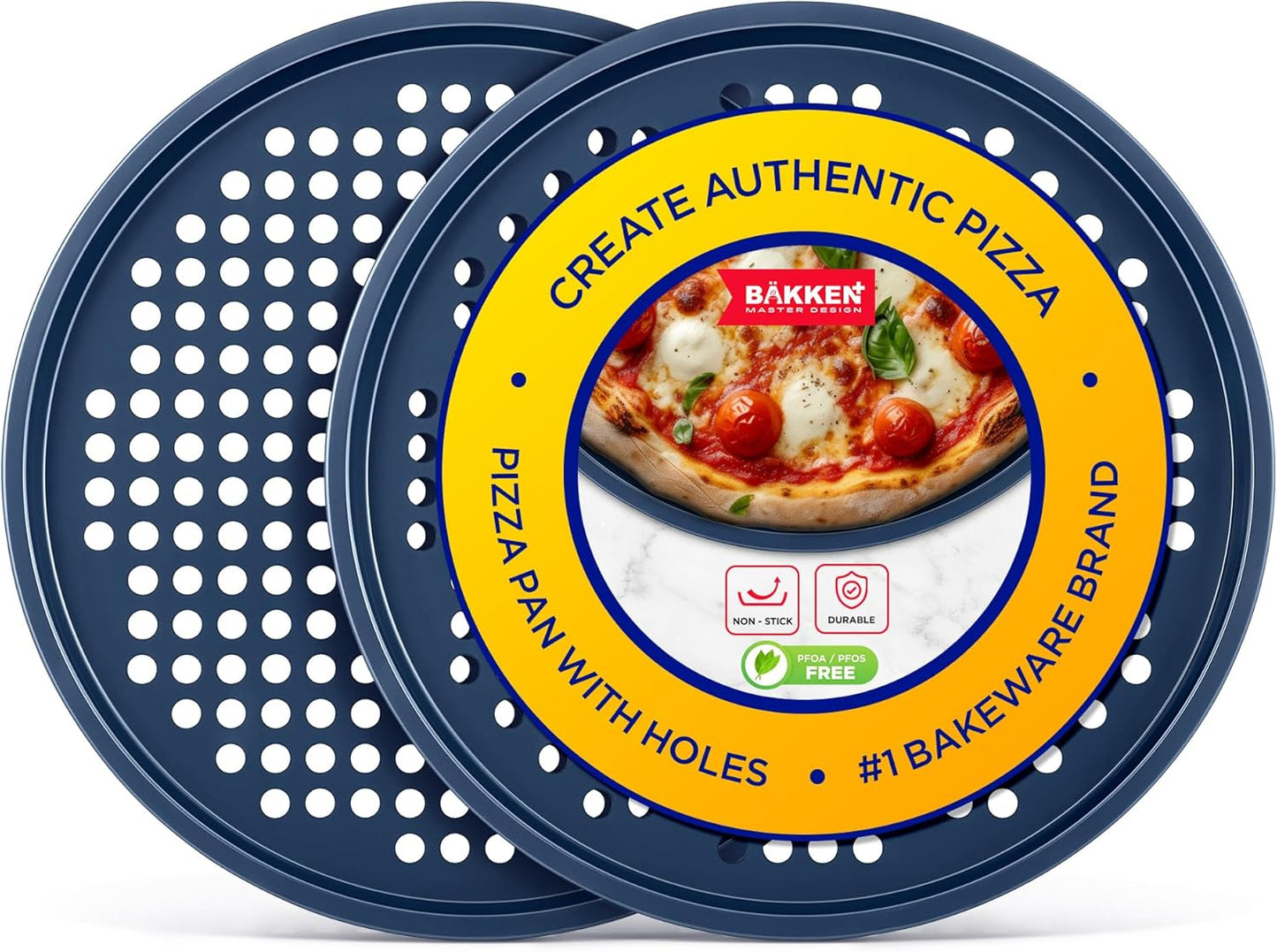 Bakken Pizza Baking Pan - Round Perforated Carbon Steel Pan with Non-Stick Marble Coating, Oversized Silicone Handle, Dishwasher Safe, High-Temperature Resistant, Durable Easy Cleanup - Blue,Pack of 2