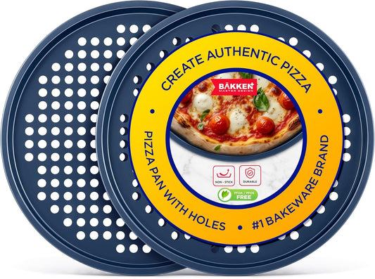 Bakken Pizza Baking Pan - Round Perforated Carbon Steel Pan with Non-Stick Marble Coating, Oversized Silicone Handle, Dishwasher Safe, High-Temperature Resistant, Durable Easy Cleanup - Blue,Pack of 2