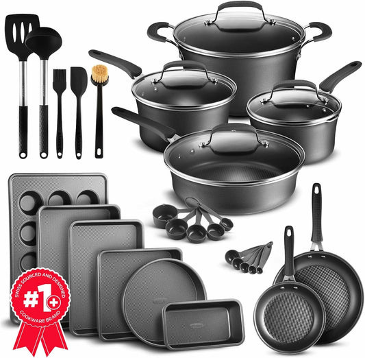Cookware Set – 23 Piece –Blue Multi-Sized Cooking Pots with Lids, Skillet Fry Pans and Bakeware – Reinforced Pressed Aluminum Metal - Suitable for Gas, Electric, Ceramic and Induction by BAKKEN Swiss