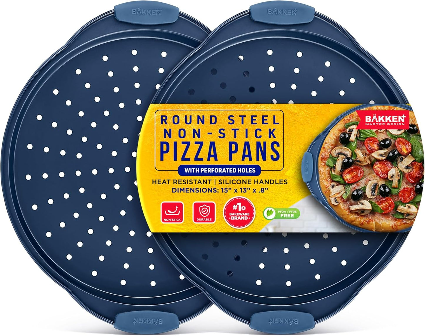 Bakken Pizza Baking Pan - Round Perforated Carbon Steel Pan with Non-Stick Marble Coating, Oversized Silicone Handle, Dishwasher Safe, High-Temperature Resistant, Durable & Easy Cleanup Blue, 2 Pack