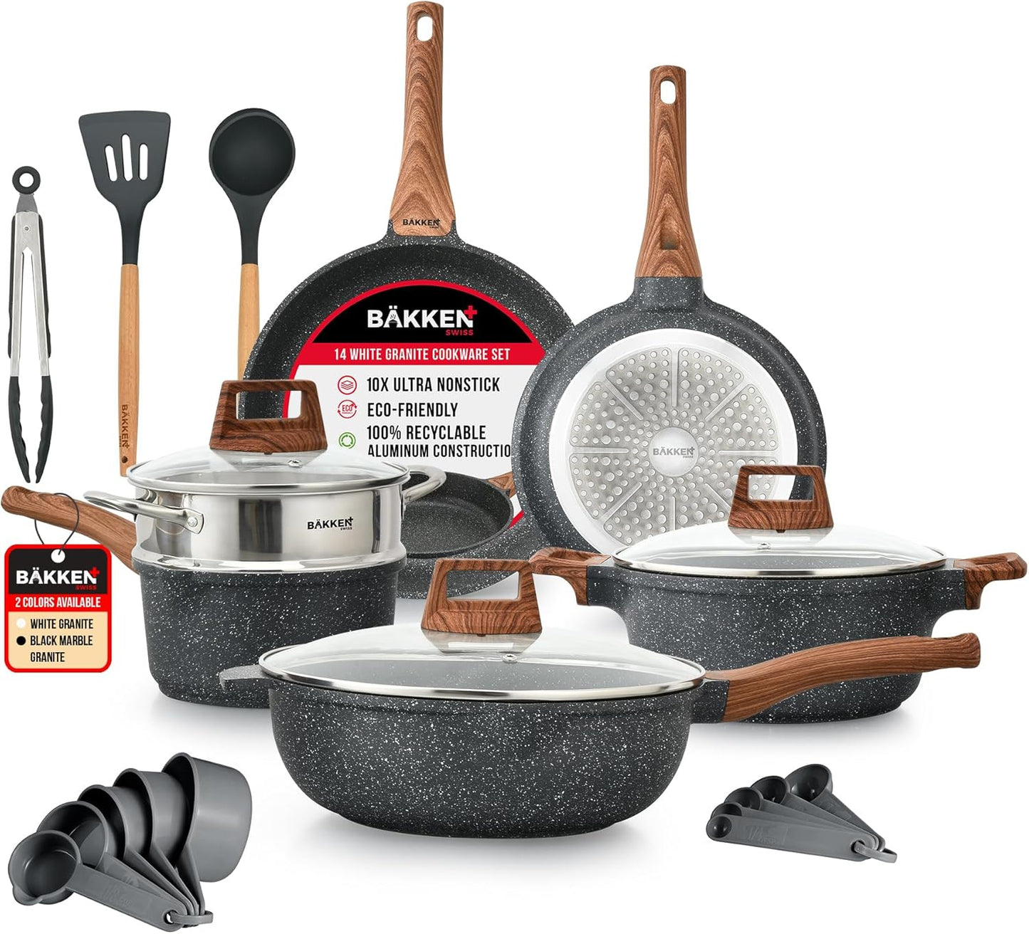 Bakken-Swiss 14-Piece Kitchen Cookware Set – Granite Non-Stick – Eco-Friendly – for All Stoves & Oven-Safe - Marble coatin
