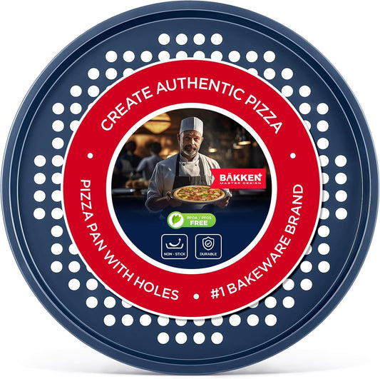 Bakken Pizza Baking Pan - Round Perforated Carbon Steel Pan with Non-Stick Marble Coating, Oversized Silicone Handle, Dishwasher Safe, High-Temperature Resistant, Durable & Easy Cleanup, Pack of 1