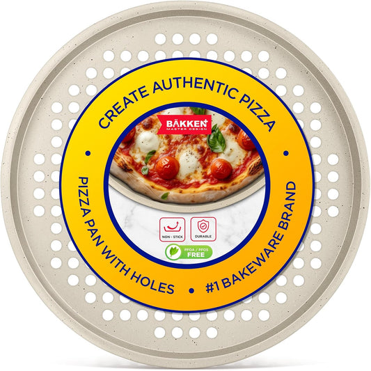 Bakken Pizza Baking Pan - Round Perforated Carbon Steel Pan with Non-Stick Marble Coating, Oversized Silicone Handle, Dishwasher Safe, High-Temperature Resistant, Durable & Easy Cleanup White, 1 Pack