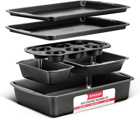 Bakken Swiss - Bakeware Set – 6 Piece – Stackable, Deluxe, Non-Stick Baking Pans for Professional and Home Cooking – Carbon Steel, Gray Coating