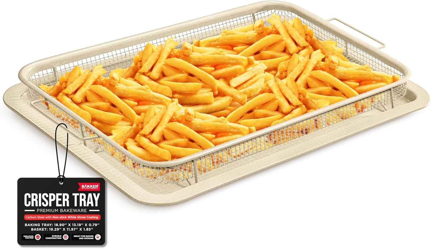 Bakken- Swiss Crisper Tray Gray marble Coating - 2-Piece Set , Non-Stick Basket Design for Healthier Cooking in Regular Ovens - Make Great Crispy Food , Bacon and More, Extra Large Size 19" x 13"