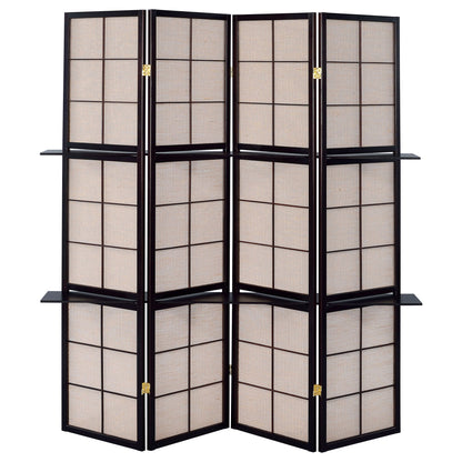4 Panel Folding Screen With Shelves - Brown