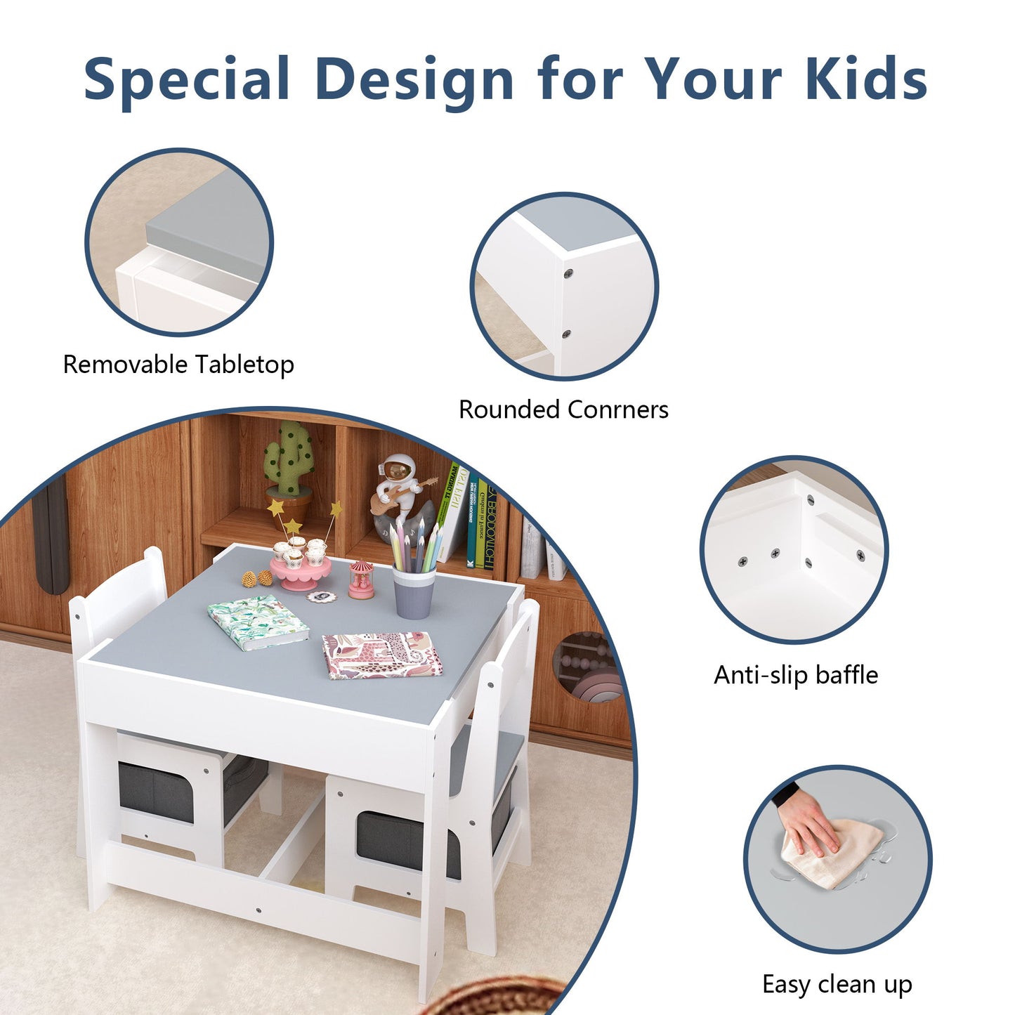 Kids Table And Chair Set, 3 In 1 Activity Table With Storage Drawer For Toddlers Drawing, Reading, Crafts, 2 In 1 Detachable Top - White