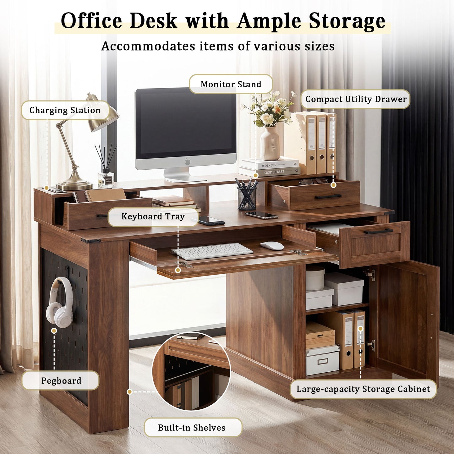 Office Desk With Storage Cabinet, Charging Station, Monitor Stand & Pegboard