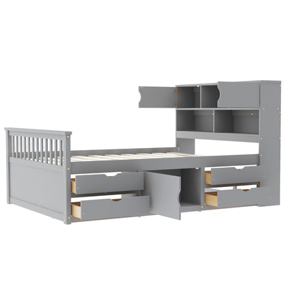 Captain Platform Bed Frame With Bookcase Headboard, 4 Drawers, Storage Shelves