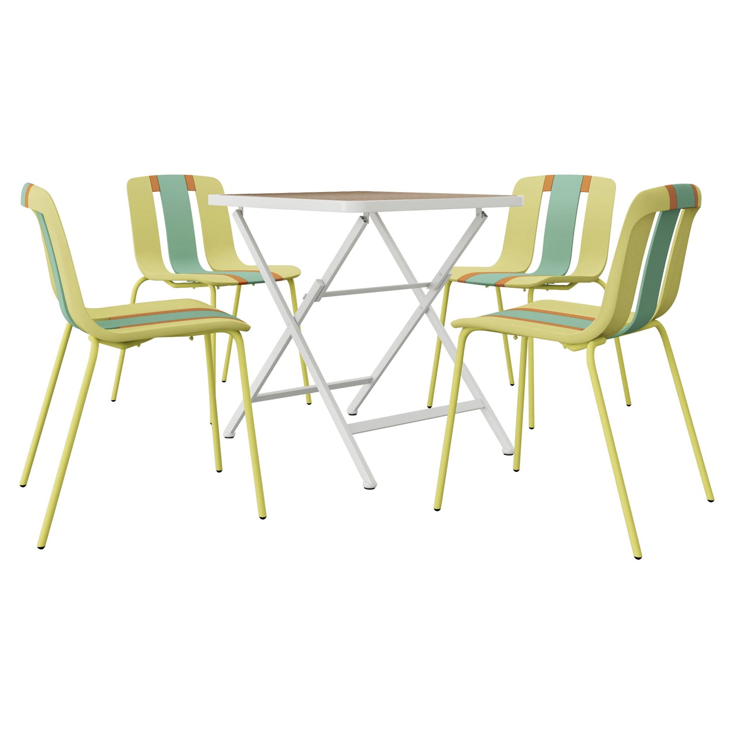 4 Piece Set Of Color Block Designed Single Chairs With Folding Square Table - Grain Yellow / Haze Green / Khaki / Tropical Orange / White