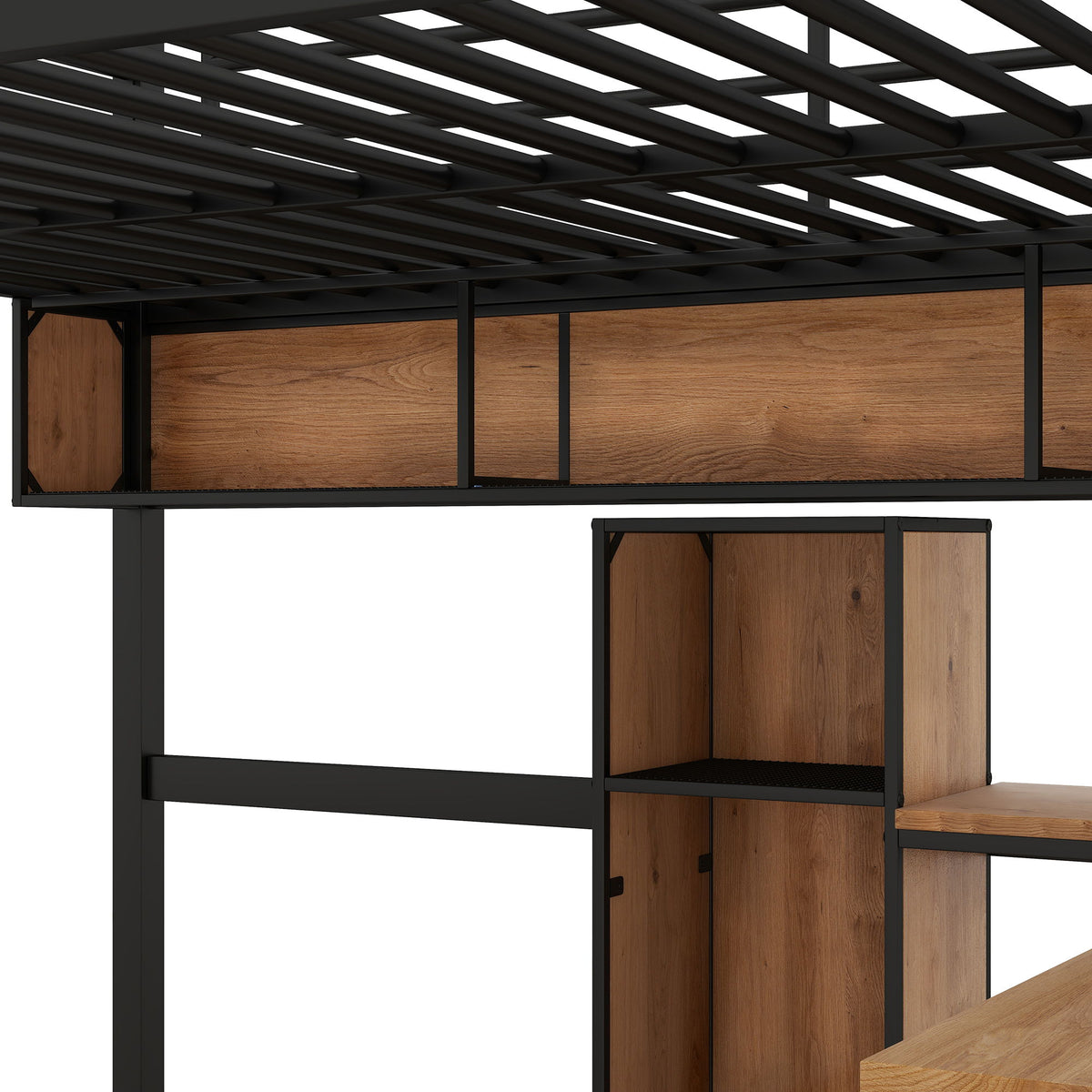 Full Size & Loft Bed With L-Shaped Desk And Shelves - Black