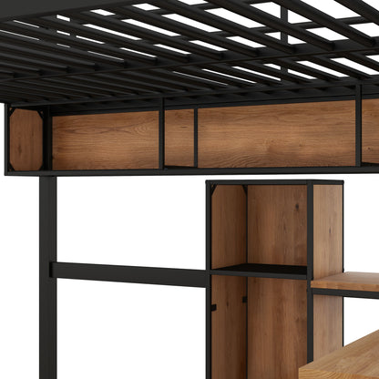 Full Size & Loft Bed With L-Shaped Desk And Shelves - Black