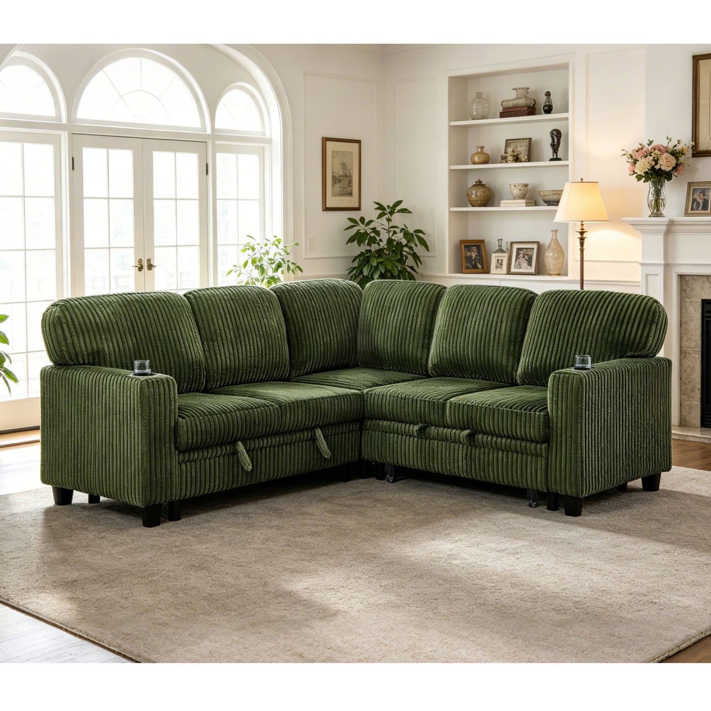 L-Shaped Sofa With Pull Out Sofa Bed With USB