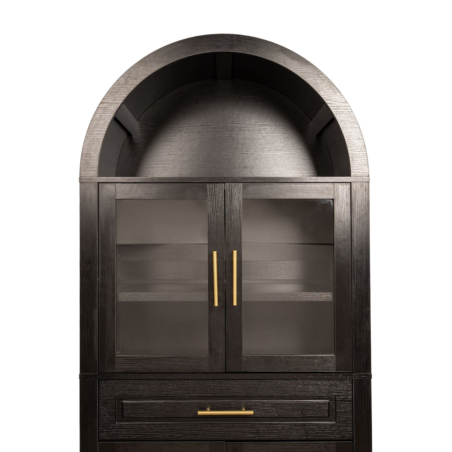 Arched Kitchen Pantry Cabinet With Adjustable Shelves And Barn Door Design
