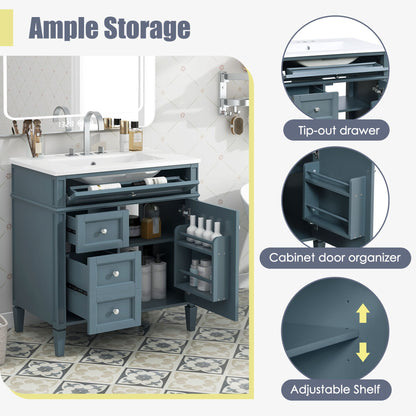 Bathroom Vanity With Top Sink, Storage Cabinet With 2 Drawers And Tip Out Drawer, Rectangular Design - Blue