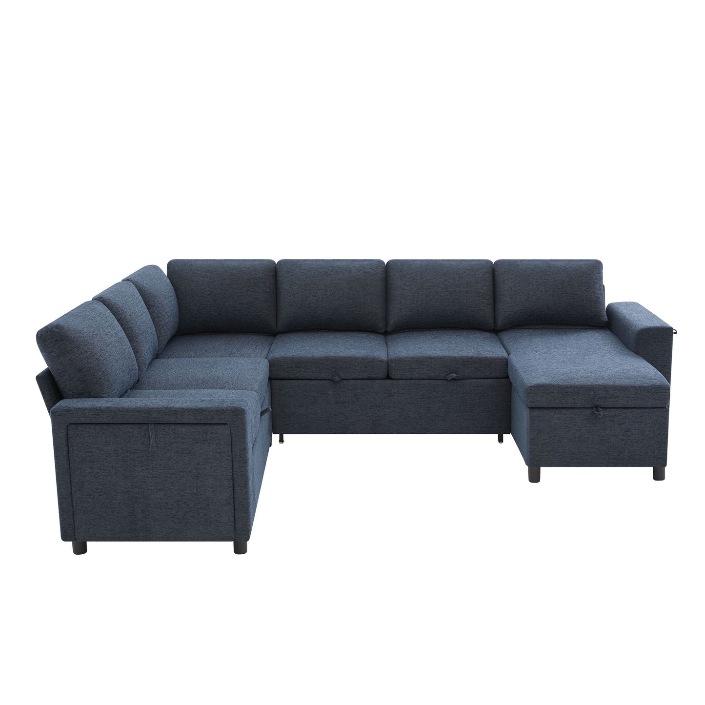 U - Shaped Convertible Sectional Sofa Bed With Storage, USB Charger & Cup Holders