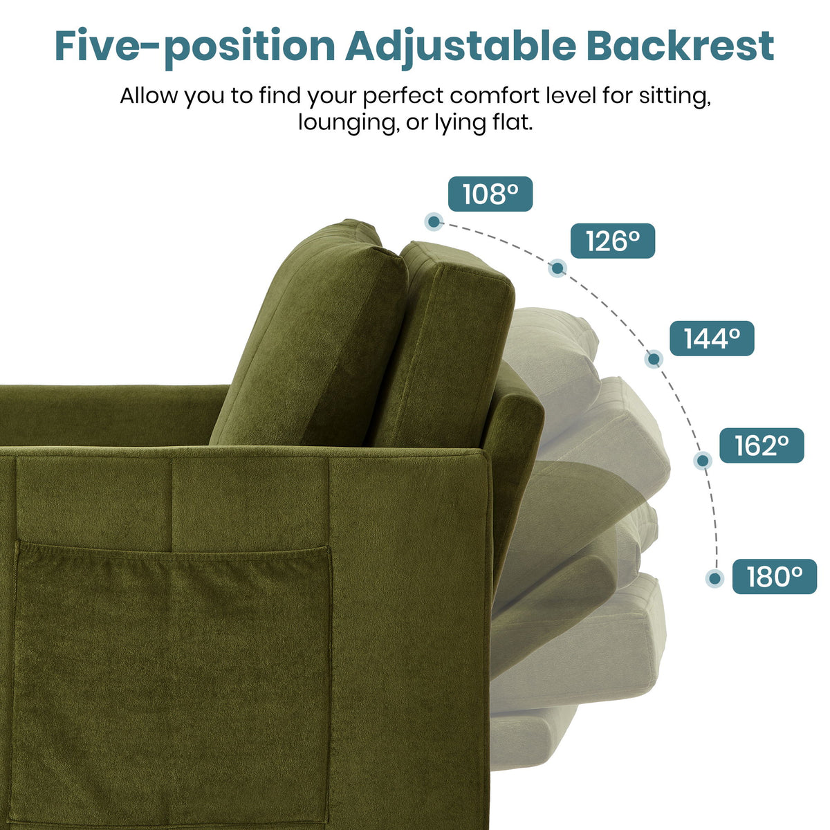 Upholstered Convertible Sleeper Sofa With 5 Position Backrest, Side Pockets, Storage