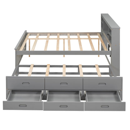 Platform Bed With Storage Headboard, USB, Trundle And 3 Drawers