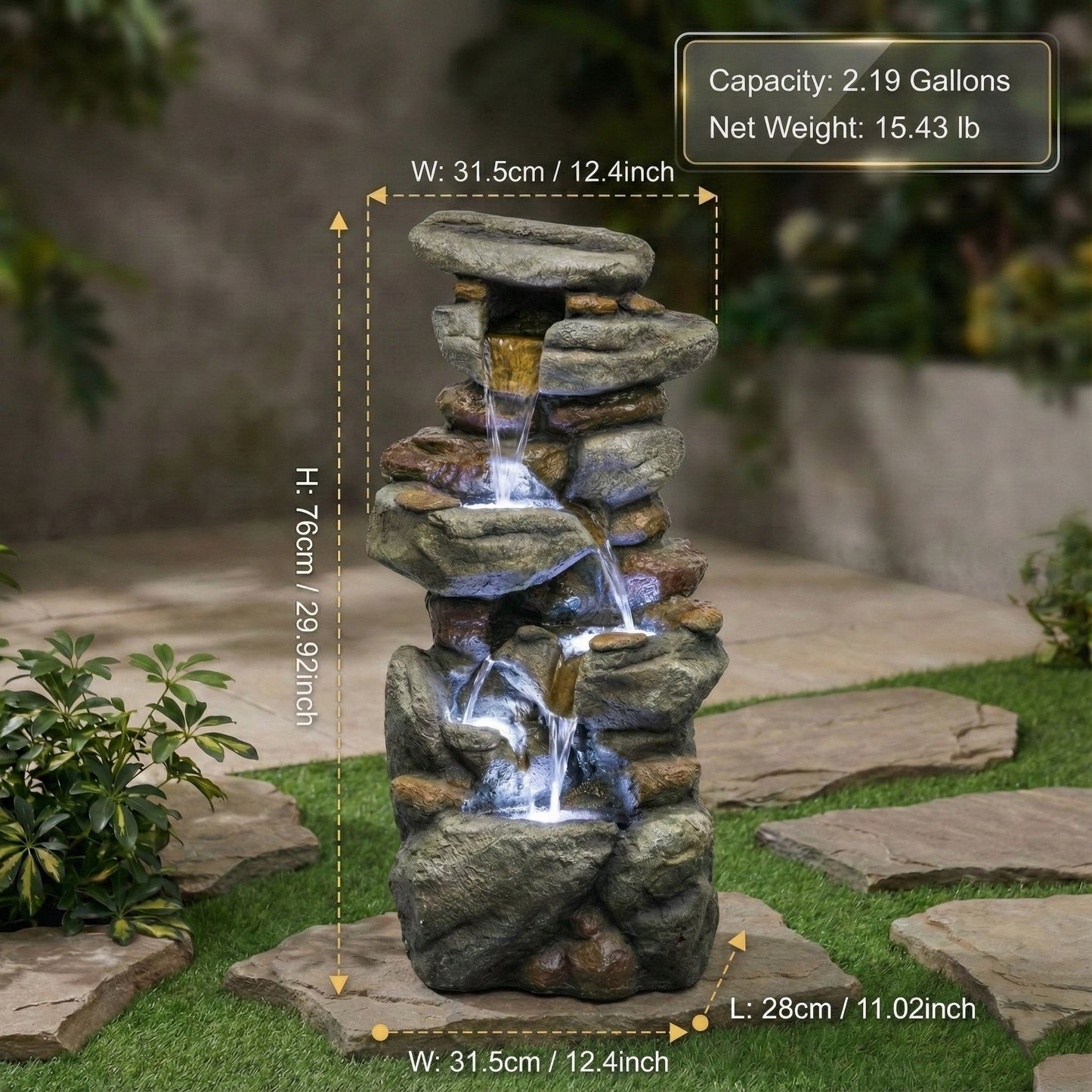 Stacked Rock Waterfall Fountain With LED Lights For Garden - Gray