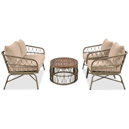 Bohemia-Inspired 4 Person Outdoor Seating Group With Removable Cushions, Conversation Patio Set With Wood Tabletop - Beige