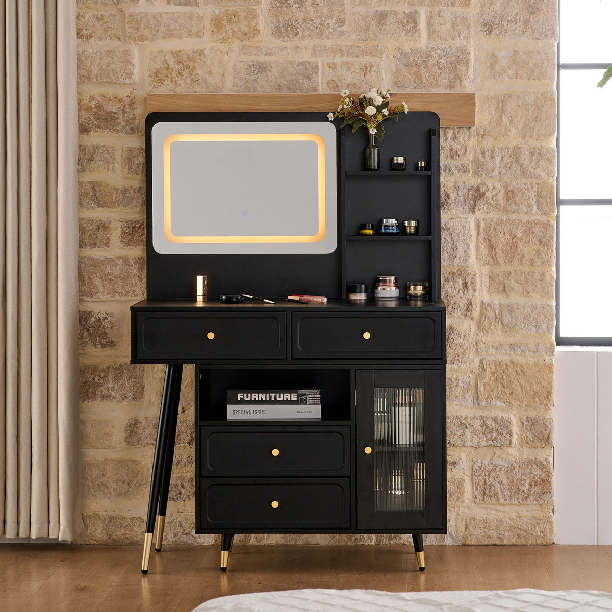 Modern Makeup Vanity Desk With Mirror And Lights Retractable Design Engineered Wood - Black
