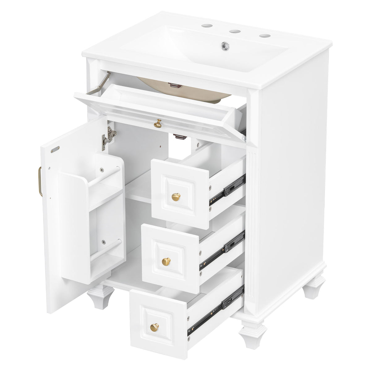 Freestanding Bathroom Vanity With Sink, 3 Drawers & Flip-Out Drawer
