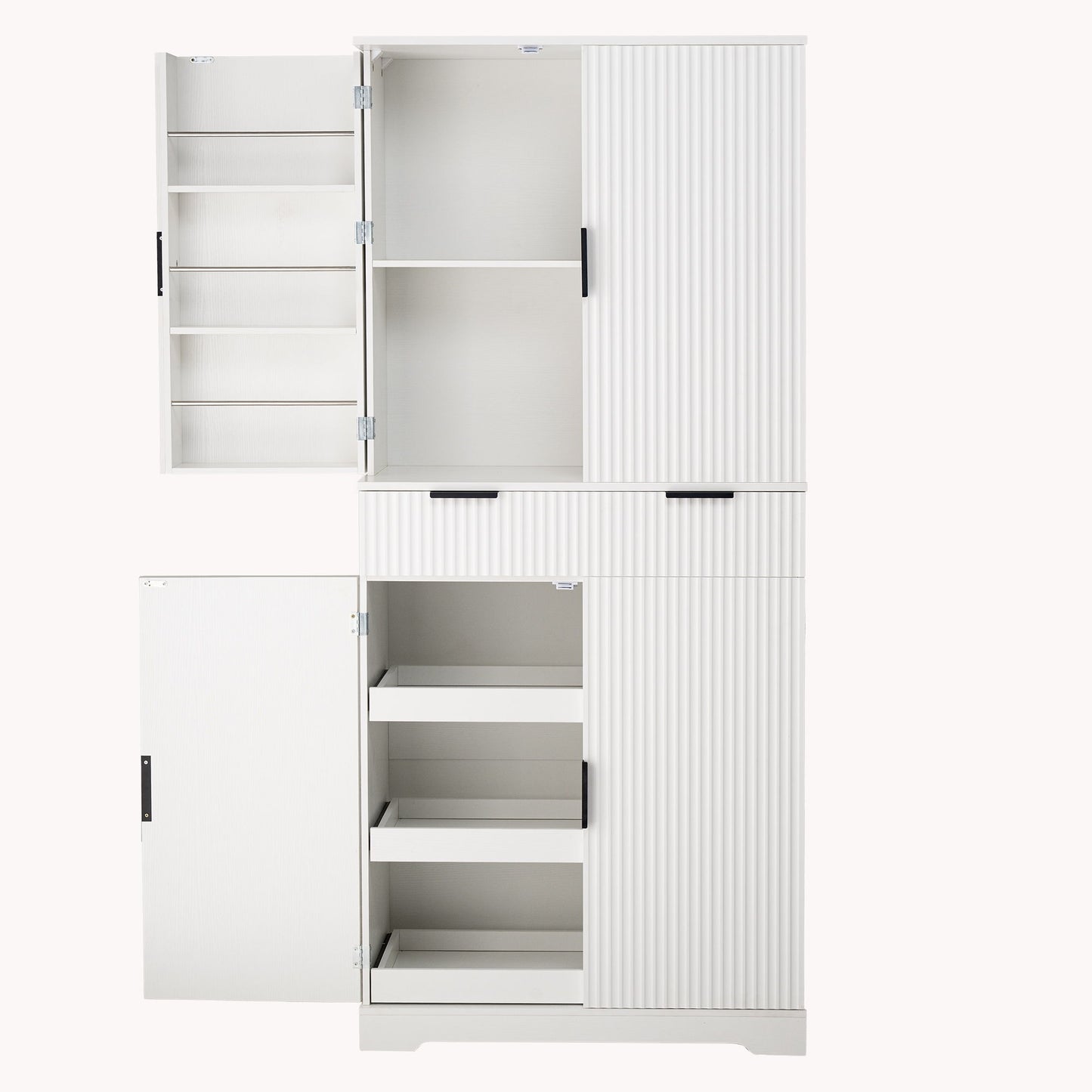 Fluted Kitchen Pantry Cabinet With 3 Keyboard Drawers & 6 Adjustable Door Shelves